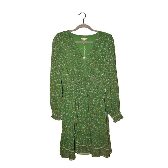 MAX STUDIO NEW $138 Green Gold Winding Floral V-Neck Smocked Dress‎ Large - Picture 1 of 4